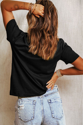 Back view of black round neck short sleeve t-shirt