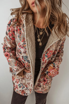 Floral printed long sleeve hooded jacket front view