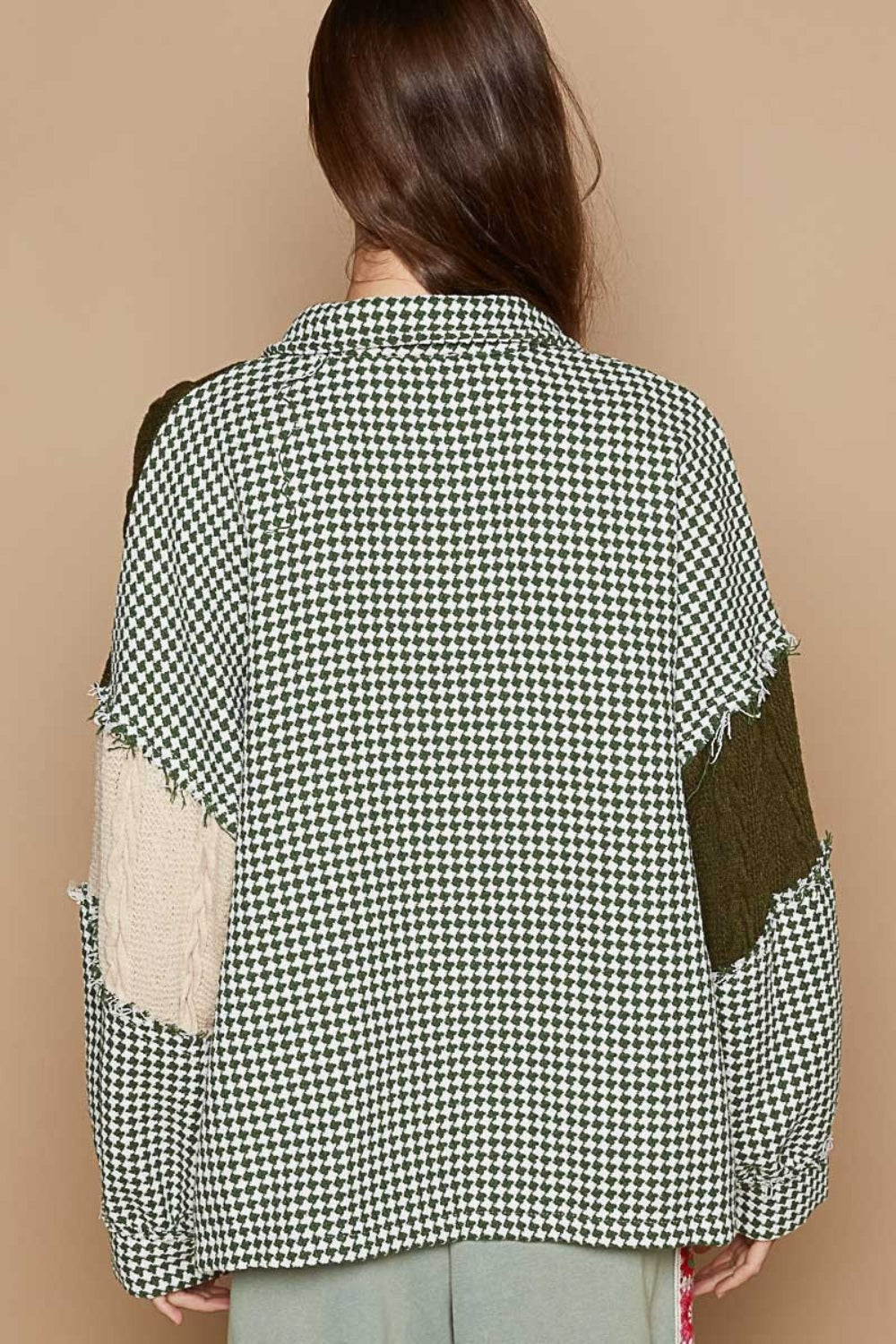 POL Houndstooth Contrast Cable Knit Pocket Shacket back view