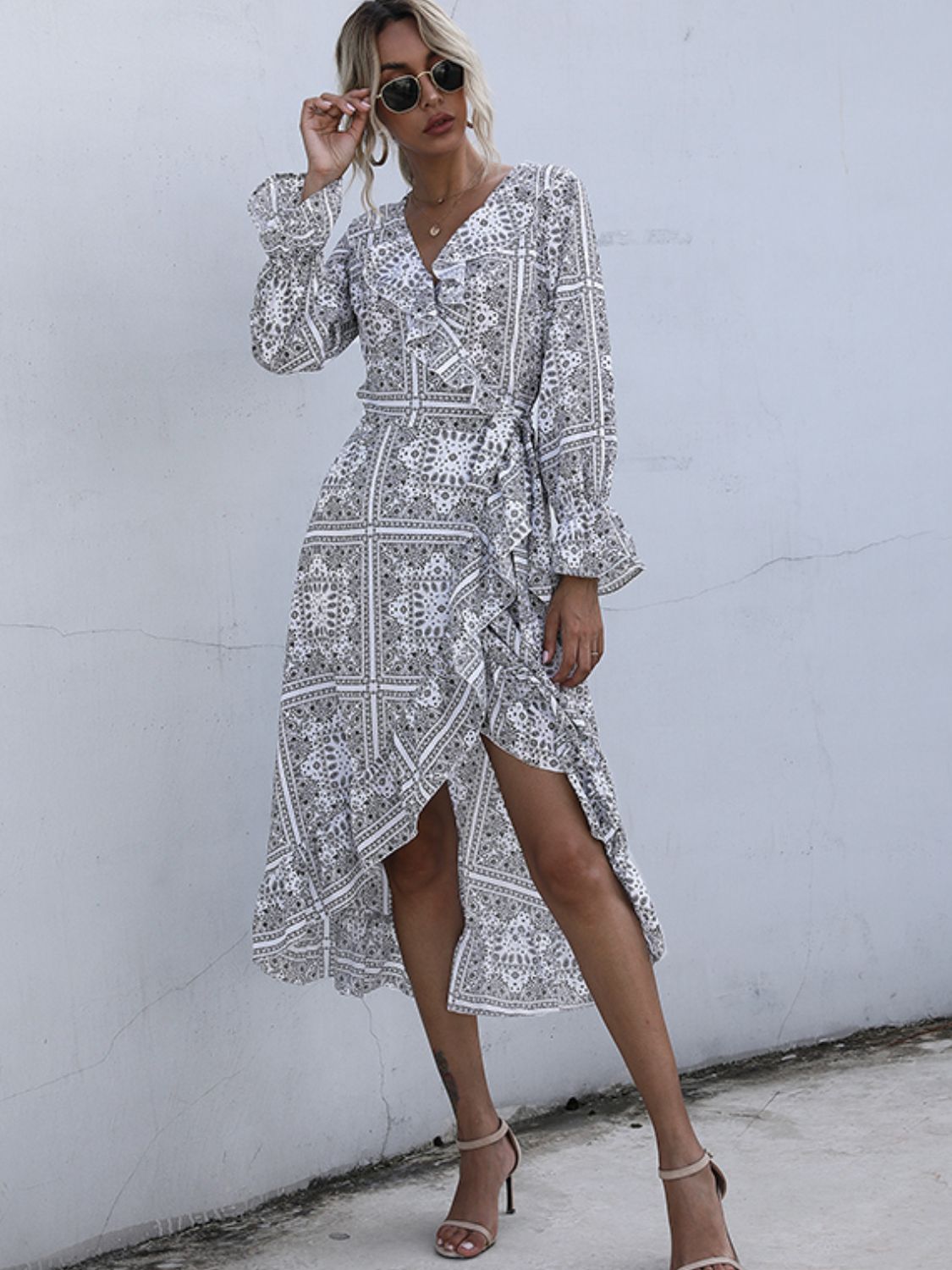 Perfee ruffled slit surplice long sleeve midi dress front view