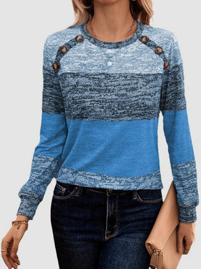 Sky blue decorative button round neck long sleeve T-shirt front