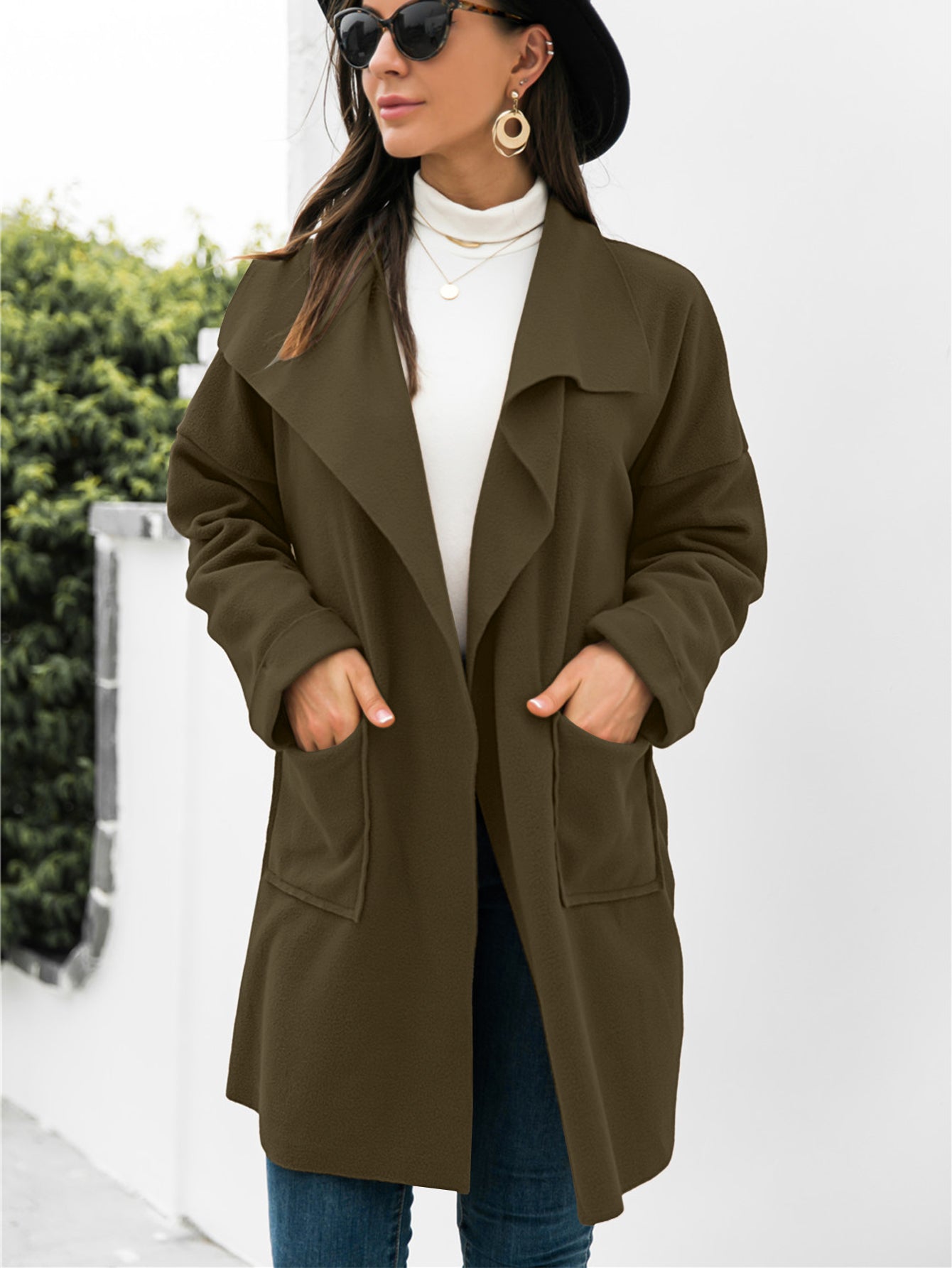 Olive waterfall collar brushed longline coat with pockets