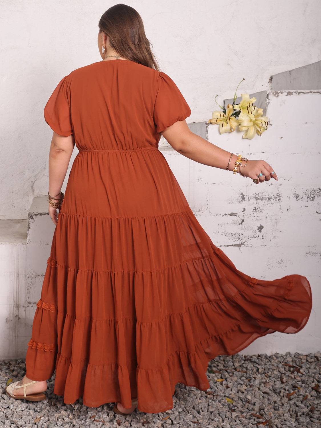 Plus size ruched lace detail V-neck dress, back view