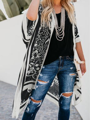 Black and white printed open front cover-up with jeans