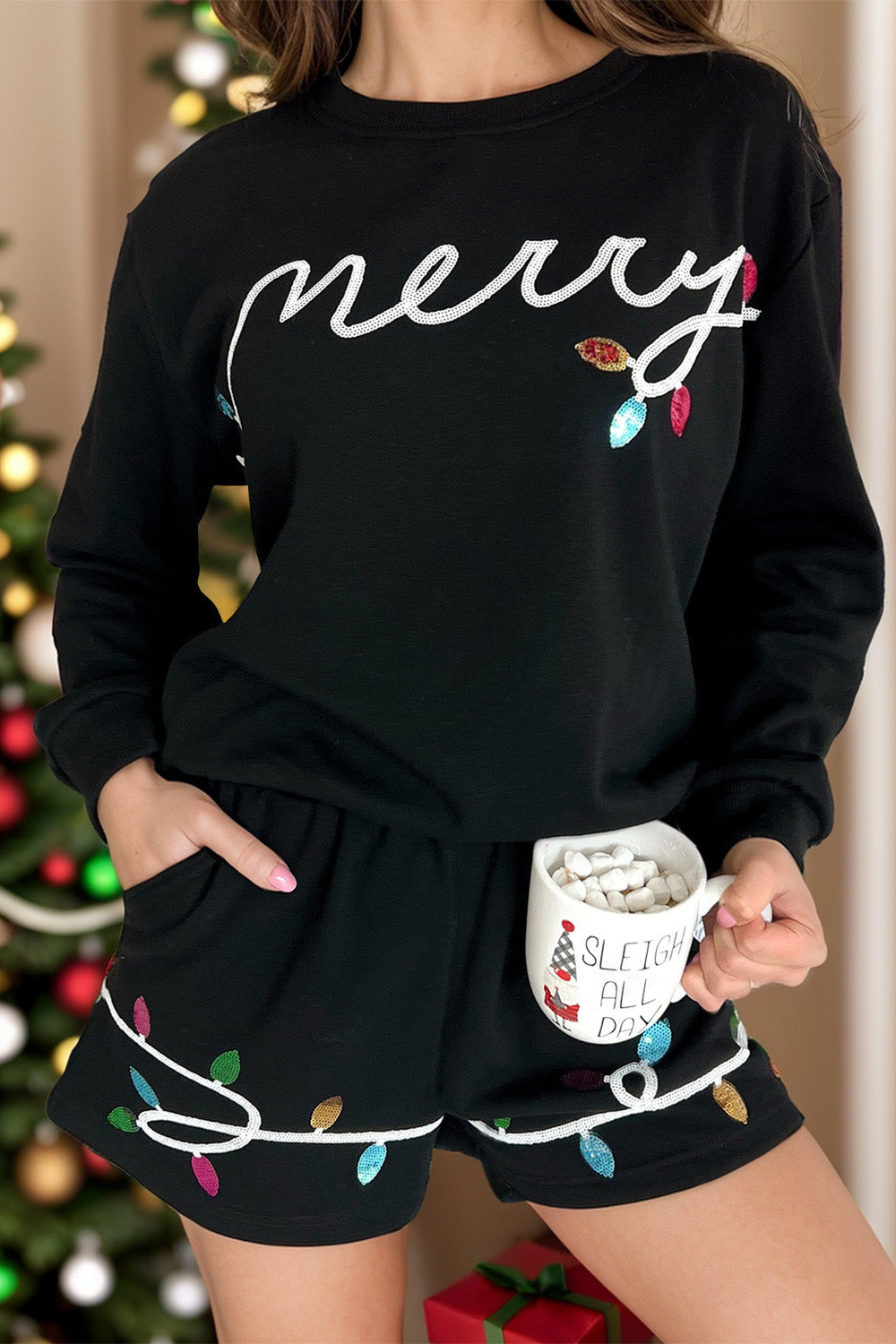 MERRY sequin round neck lounge set with festive lights