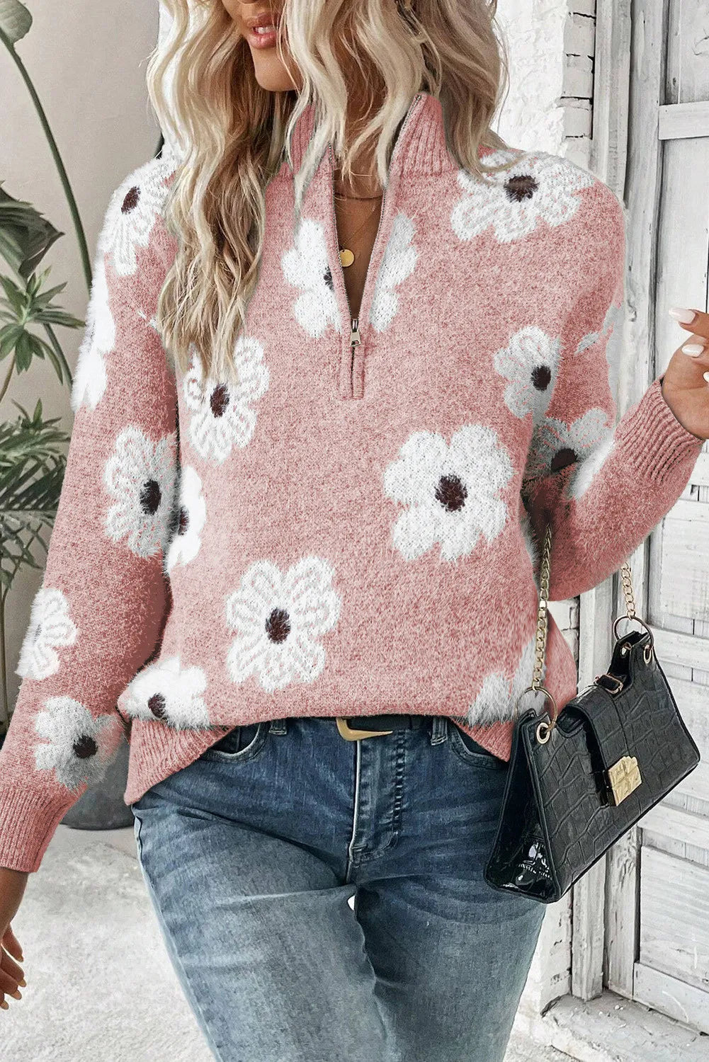 Pink flower half zip long sleeve sweater