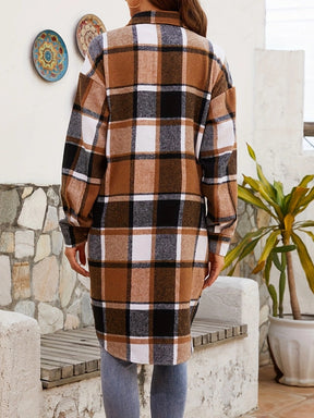 Plaid collared neck long sleeve jacket, back view