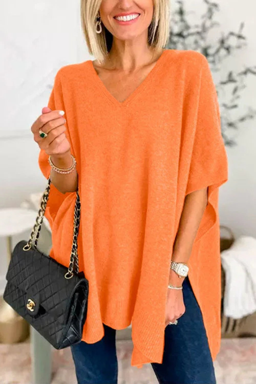 Pumpkin slit V-neck half sleeve knit top