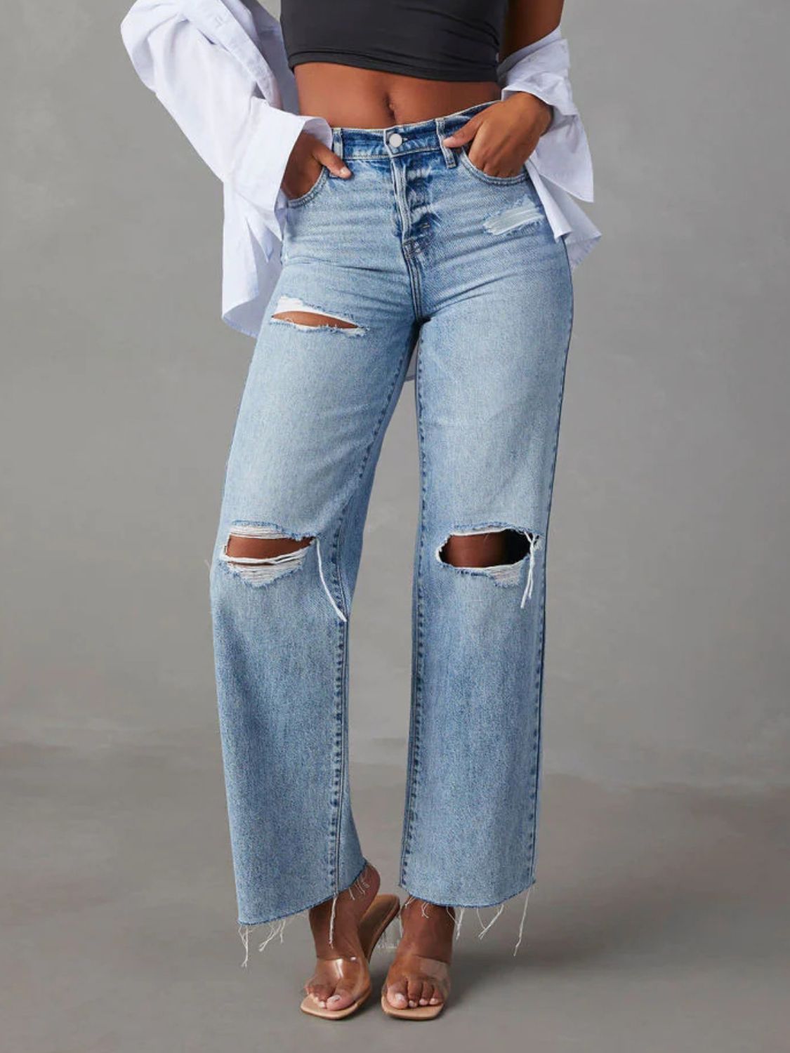 Distressed straight leg jeans with pockets, front view