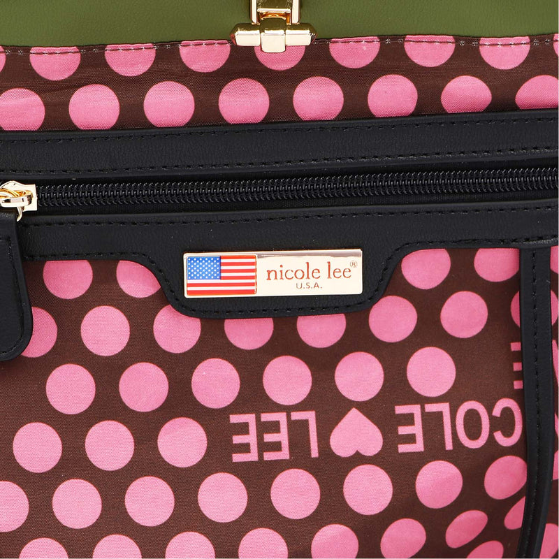 Close-up of Nicole Lee USA backpack interior branding