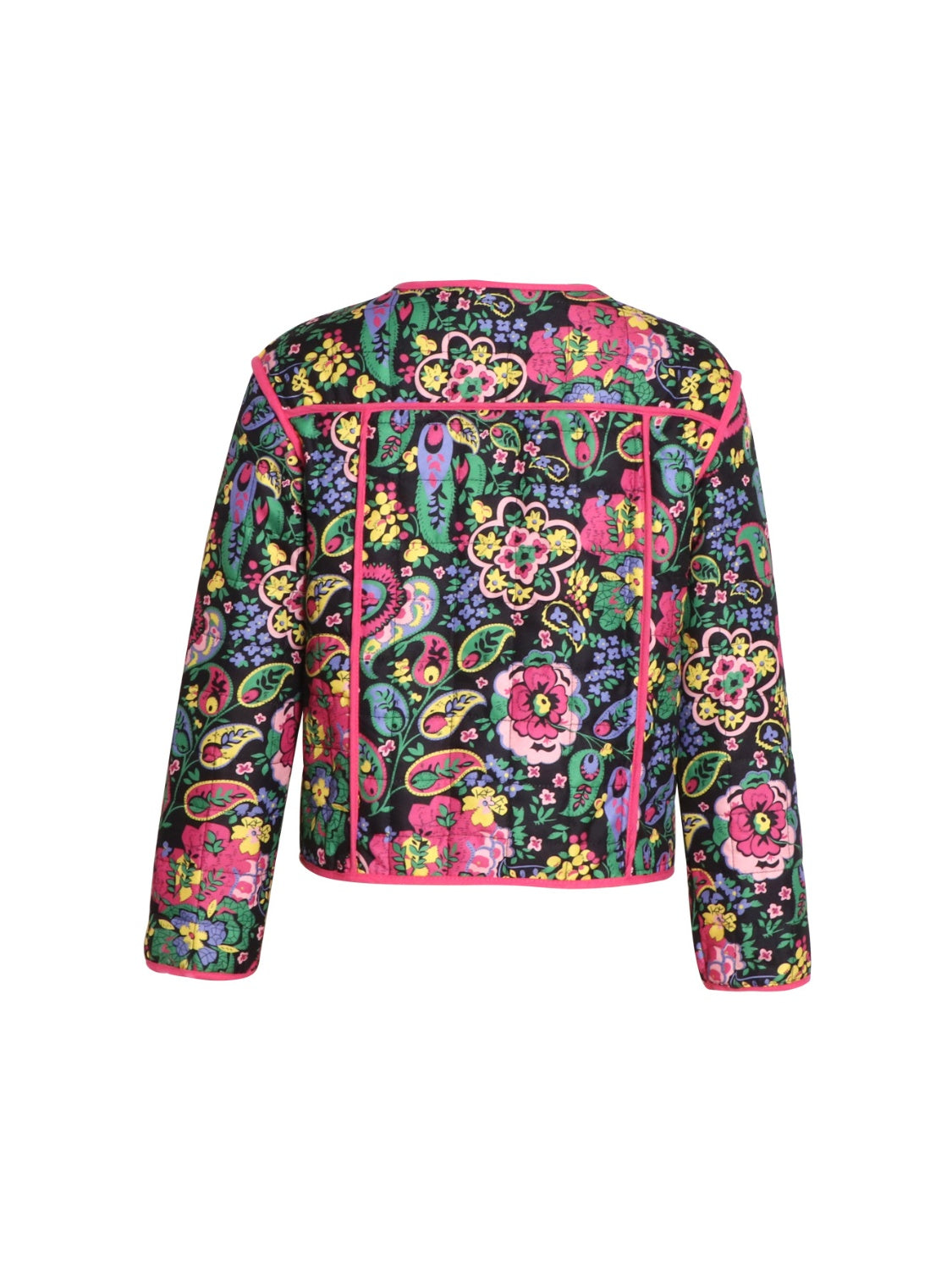 Floral long sleeve jacket with pink trim, back view