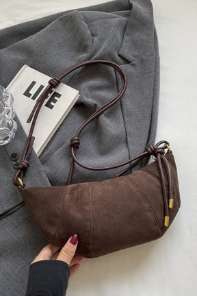 Coffee brown suede shoulder bag with PU leather strap.