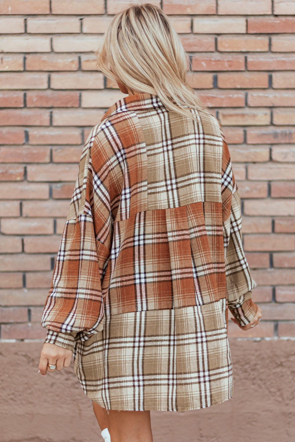 Plaid snap down shacket with dropped shoulders, back view