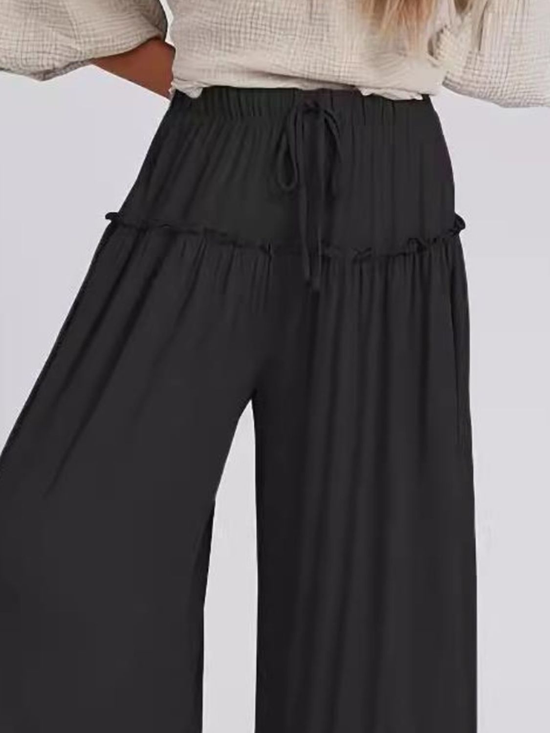 Close-up of Full Size Frill Wide Leg Pants waist detail