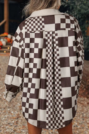 Pocketed checkered button-up long sleeve jacket back view