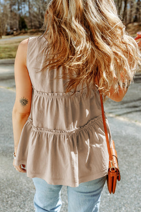 Tiered Frill Tie Neck Tank in beige, back view