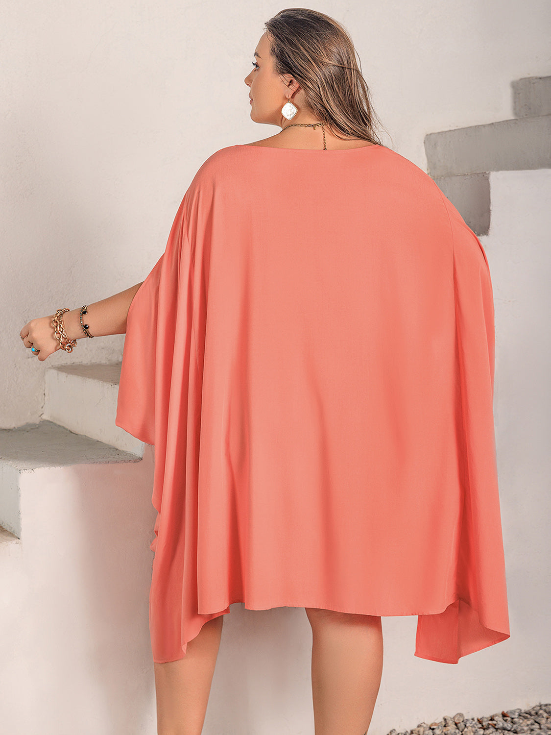 Plus size round neck batwing sleeve mini dress back view