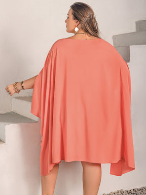 Plus size round neck batwing sleeve mini dress back view