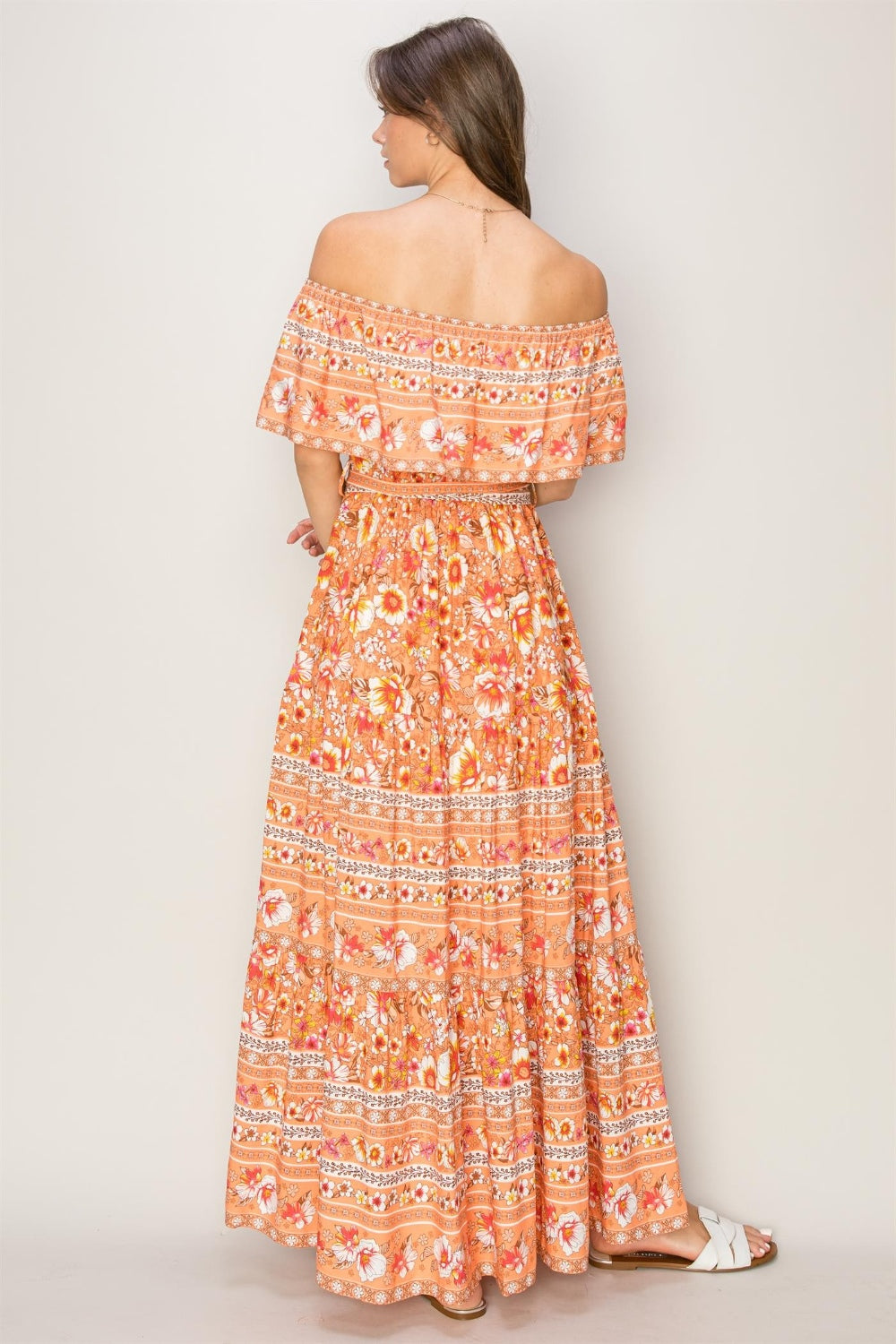 HYFVE floral off-shoulder tie front maxi dress, back view