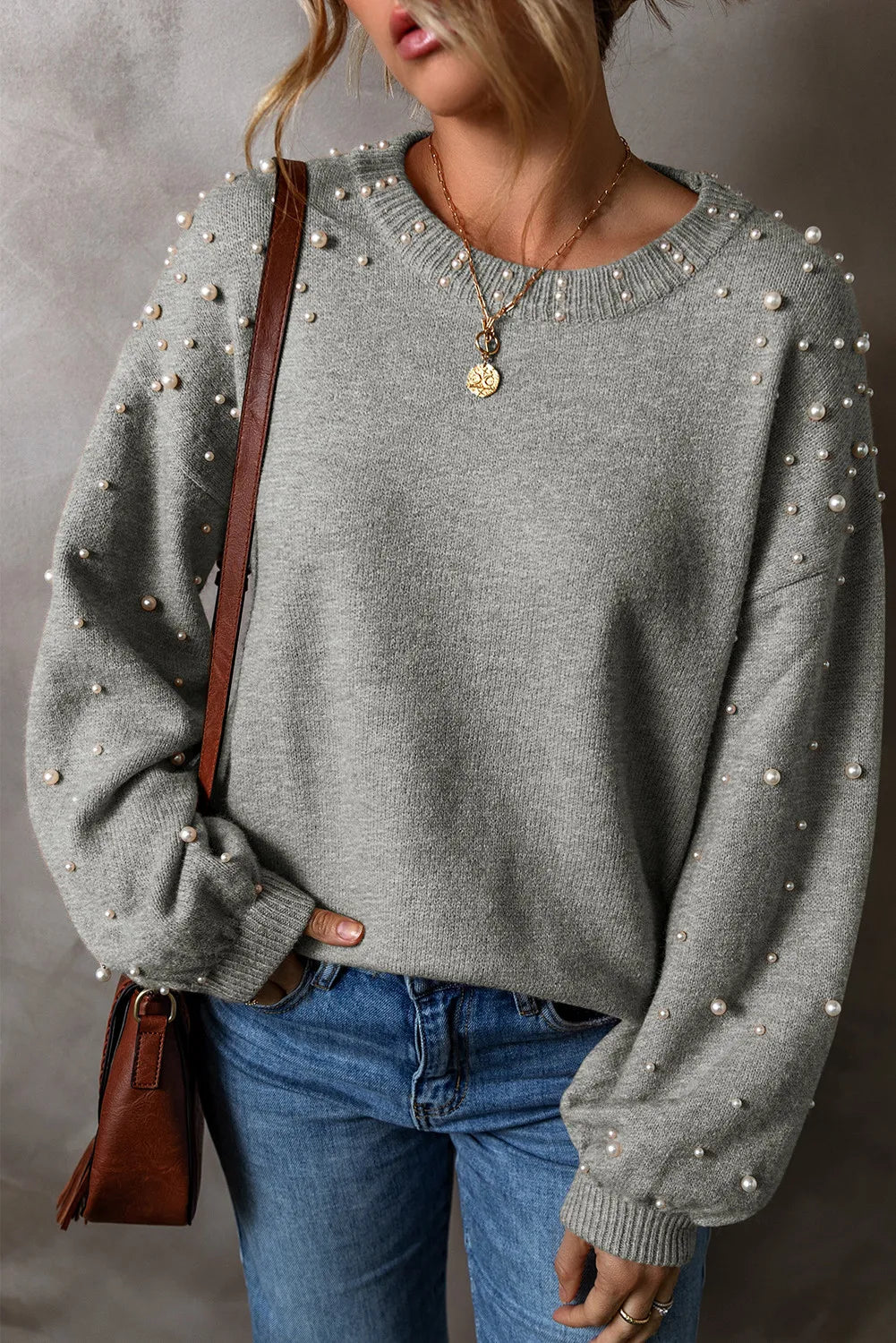 Gray pearl detail round neck long sleeve sweater