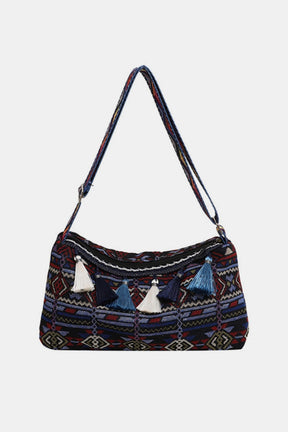 Dark geometric pattern shoulder bag with tassels