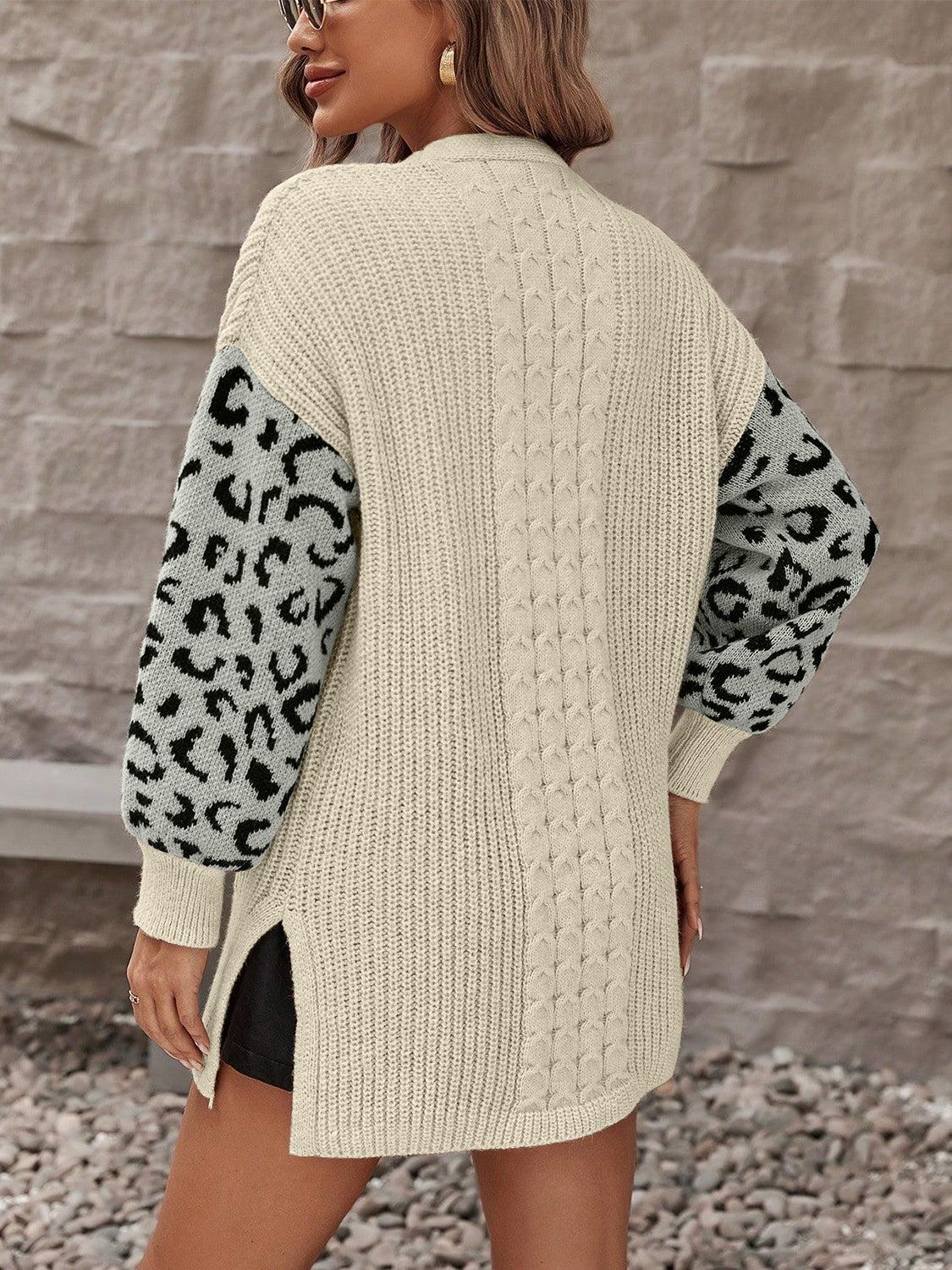 Beige leopard open front cardigan with pockets, back view