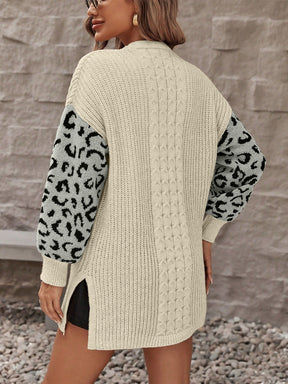 Beige leopard open front cardigan with pockets, back view