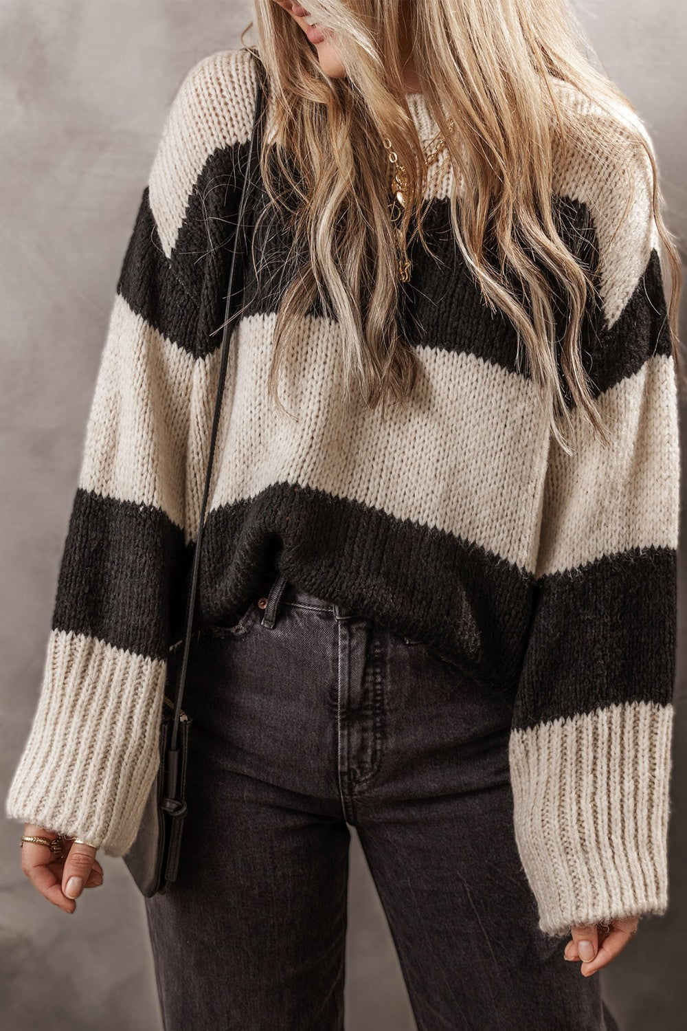 Trendy color block round neck sweater, front view