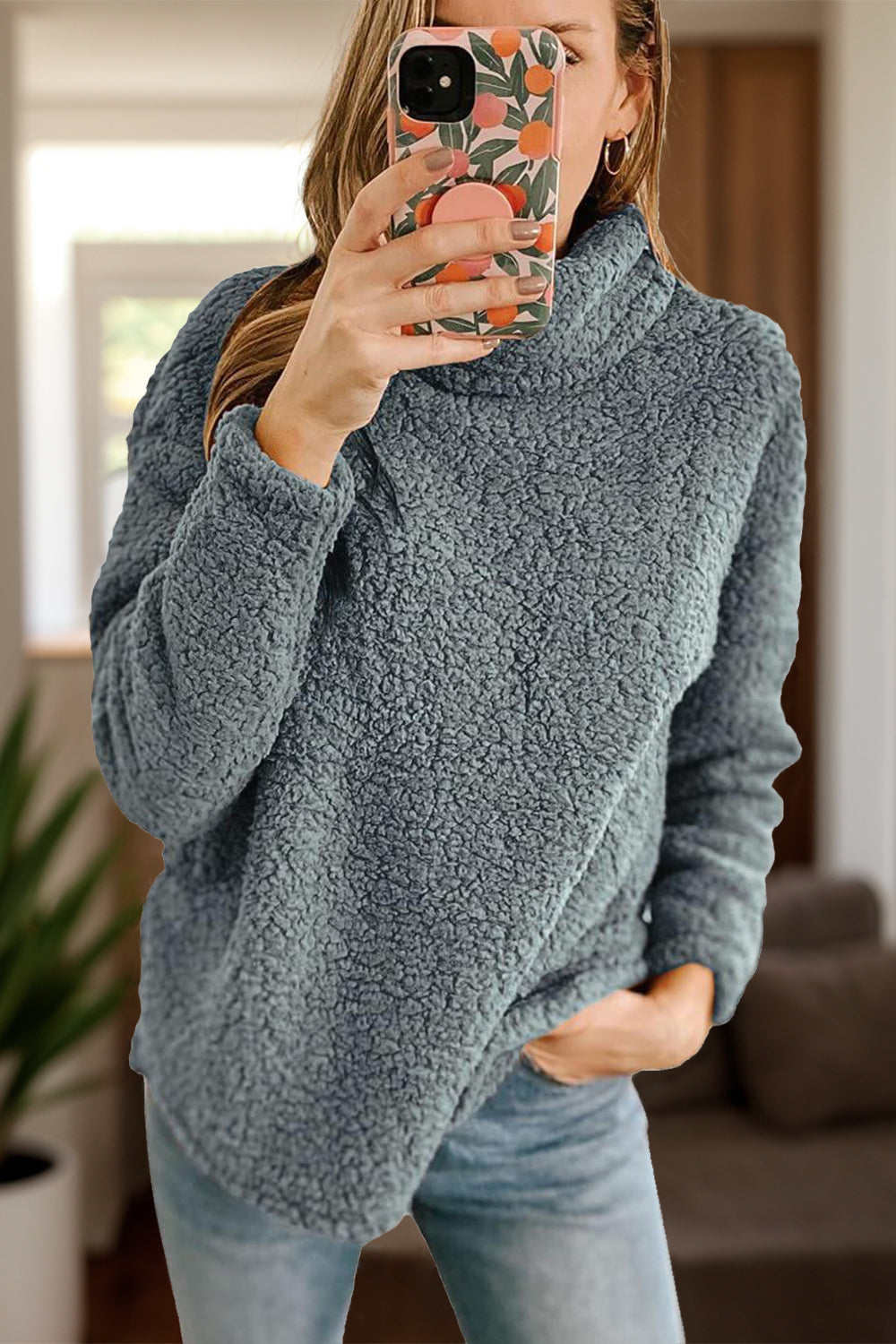 Dark gray fuzzy turtleneck long sleeve sweatshirt front view