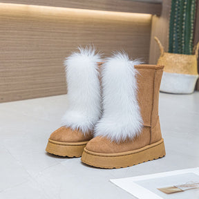 Camel suede platform boots with white fur trim