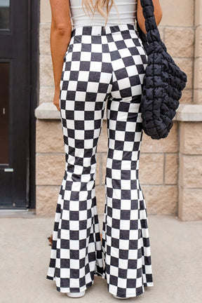 Checkered flare pants with pockets, back view