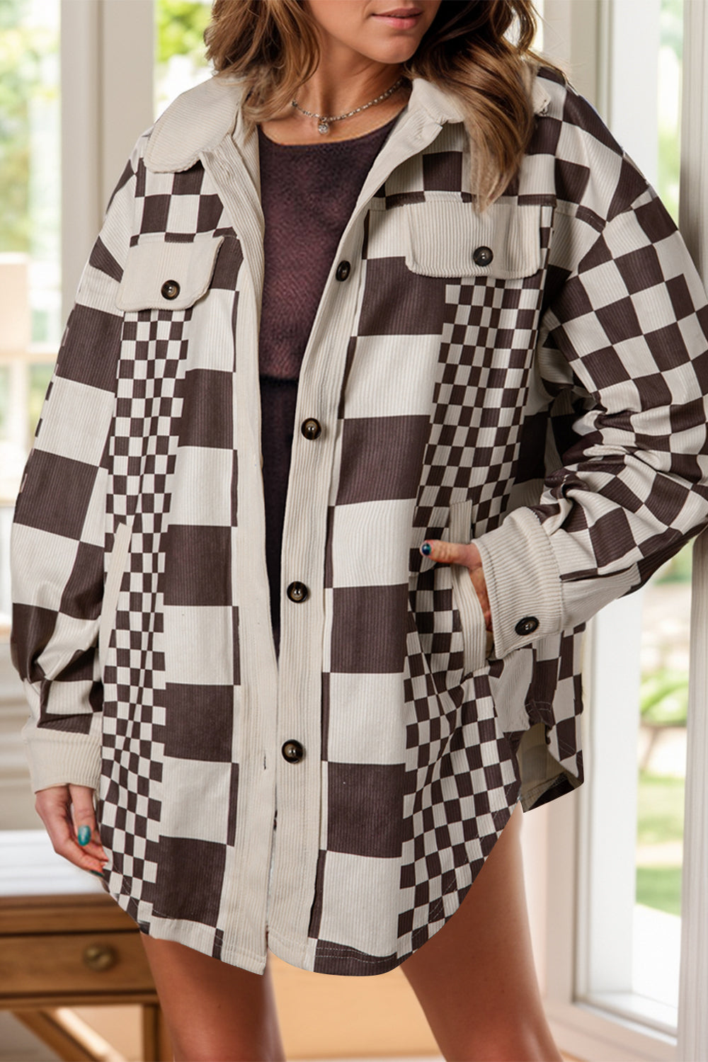 Pocketed checkered button-up long sleeve jacket front view