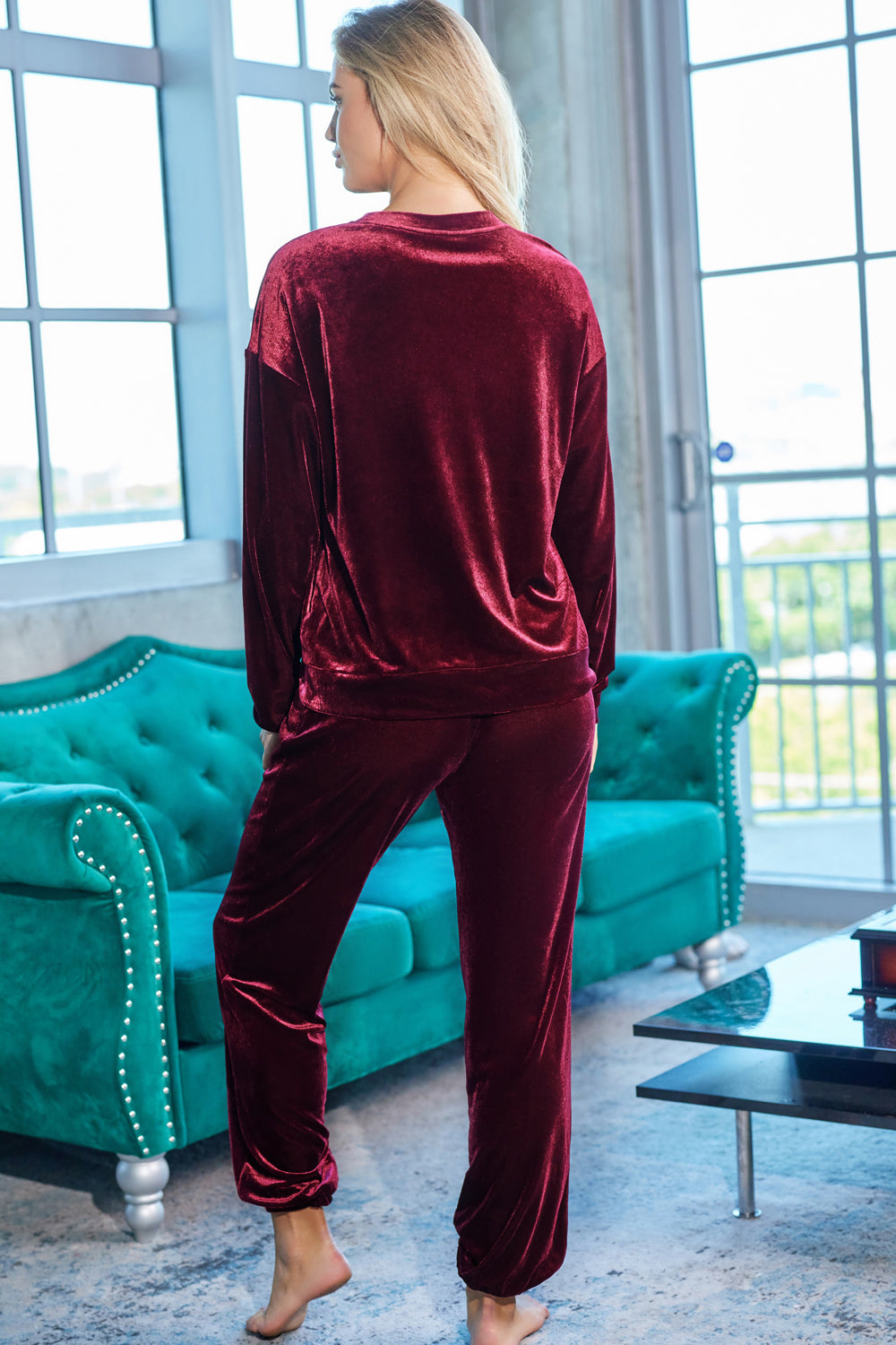 Wine long sleeve top and pants lounge set back view