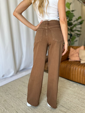 RFM high rise wide leg jeans in coffee, back view