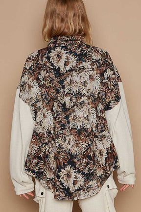 Floral jacquard shirt with contrast sleeves, back view.