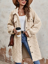 Fuzzy tan button-up coat with dropped shoulders, front view