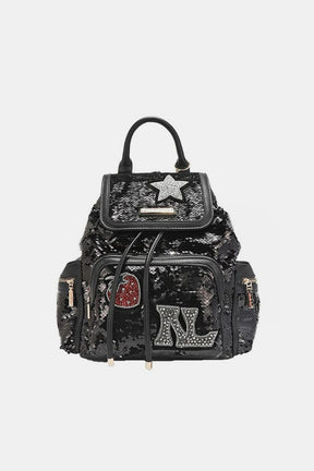 Front view of Nicole Lee sequin patch backpack