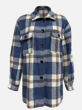 Plaid collared neck long sleeve jacket with buttoned front.