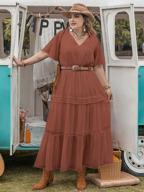 Plus size tie neck flutter sleeve midi dress, front view