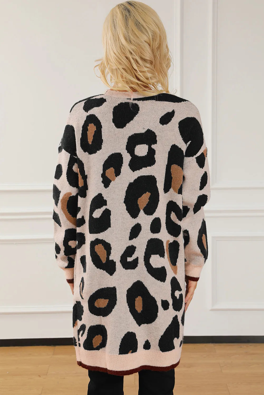 Leopard open front long sleeve cardigan, back view