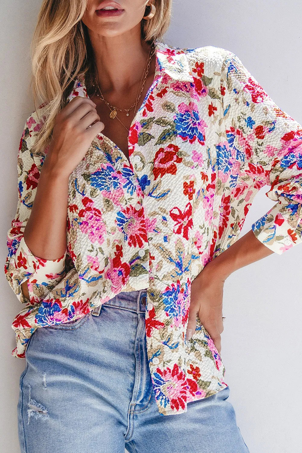 Floral collared neck long sleeve shirt with vibrant colors