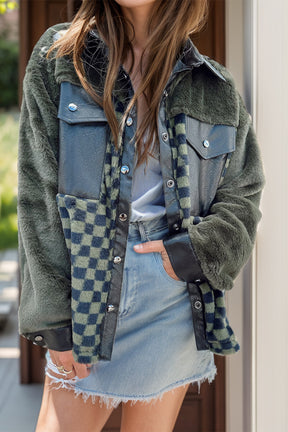 Pocketed checkered collared neck jacket with denim skirt.