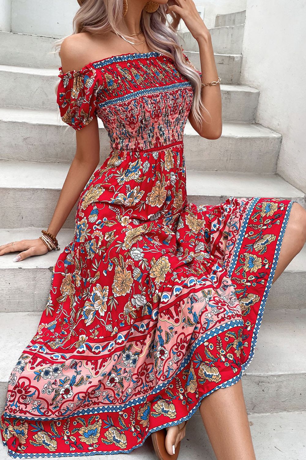 Floral off-shoulder smocked midi dress, seated pose