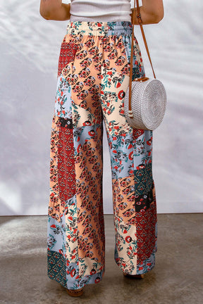 Back view of printed wide leg pants with drawstring, multicolor