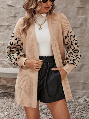 Tan leopard open front cardigan with pockets, front view