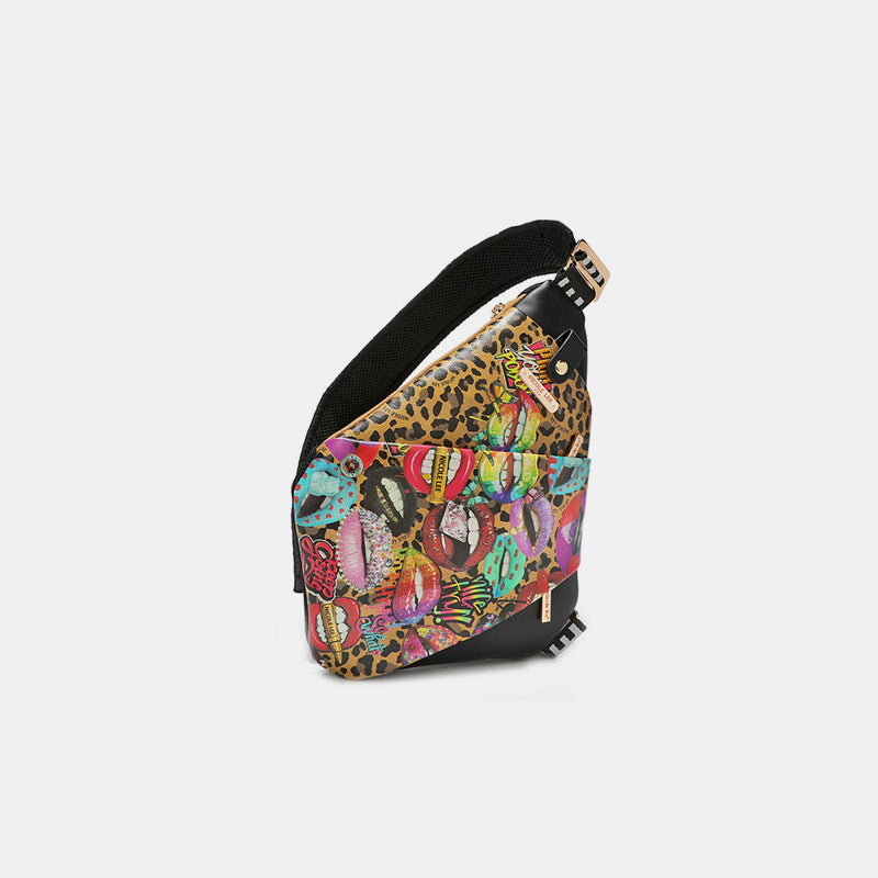 Colorful leopard and lip pattern crossbody bag by Nicole Lee USA