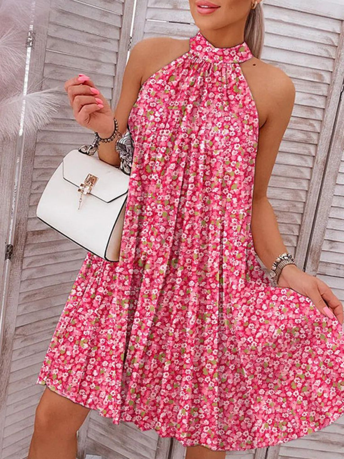 Floral printed mock neck sleeveless mini dress