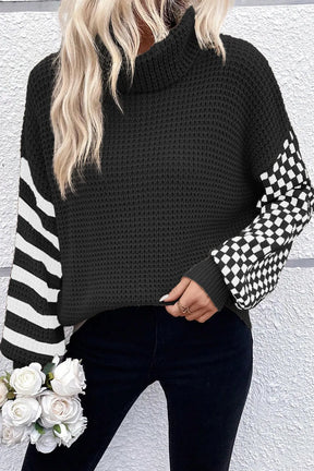 Black checkered striped turtleneck long sleeve sweater front