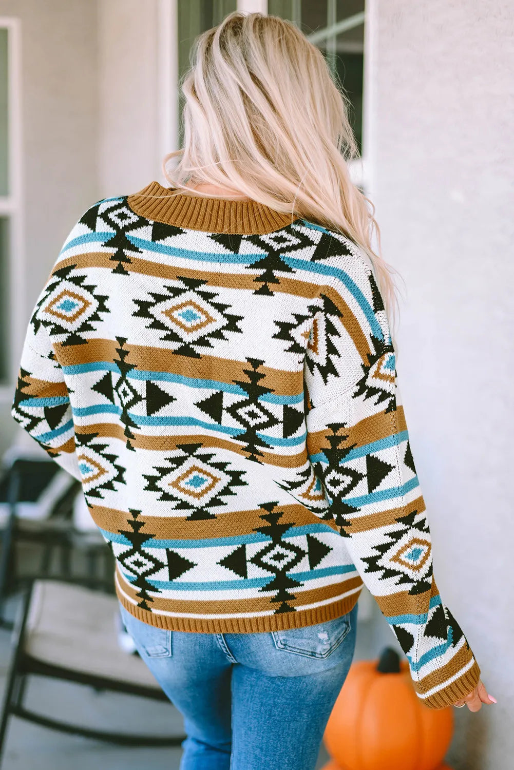 Back view of geometric round neck long sleeve sweater