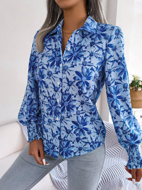 Royal blue floral collared neck long sleeve shirt